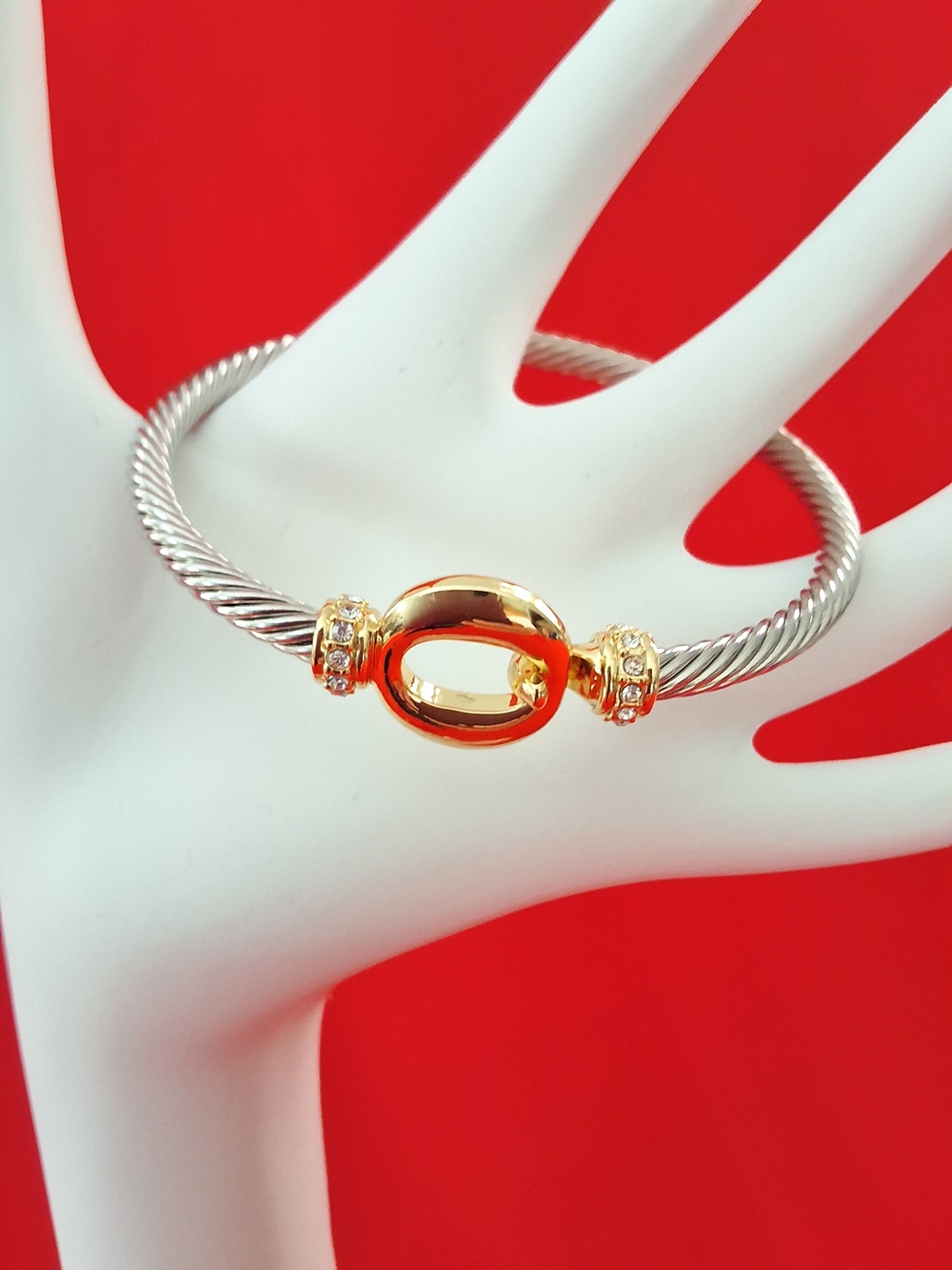 Gold & Silver Twisted Cable Bracelet with Pave Accent
